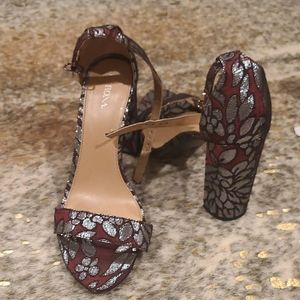 Merona Burgundy and Silver Floral Block Heel Sandals